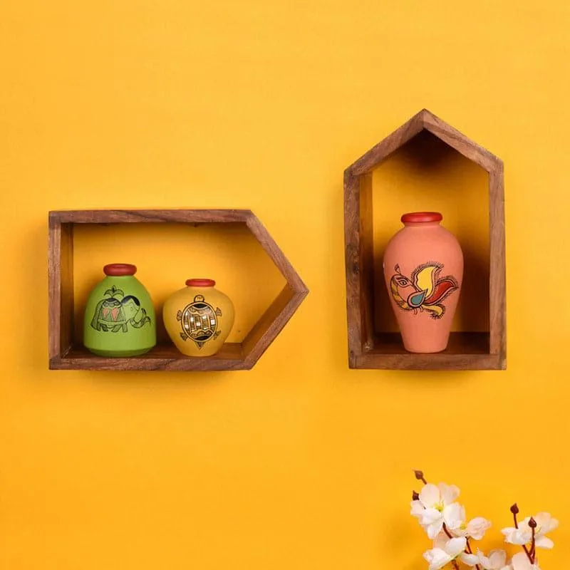 Mastani Wooden Wall Shelf With Colored Pots - Set Of Five media 1