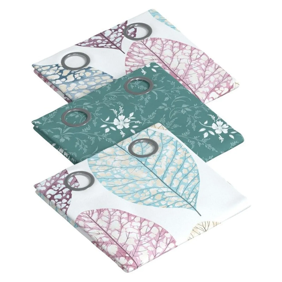 Folded curtain panels showing multicoloured leaf prints and grey eyelets.