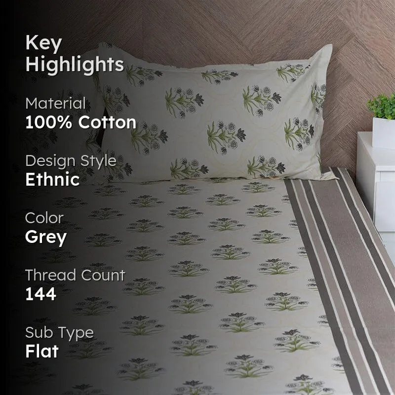 Imara Flora Cotton Bedsheet (Grey) - 144 TC media 2