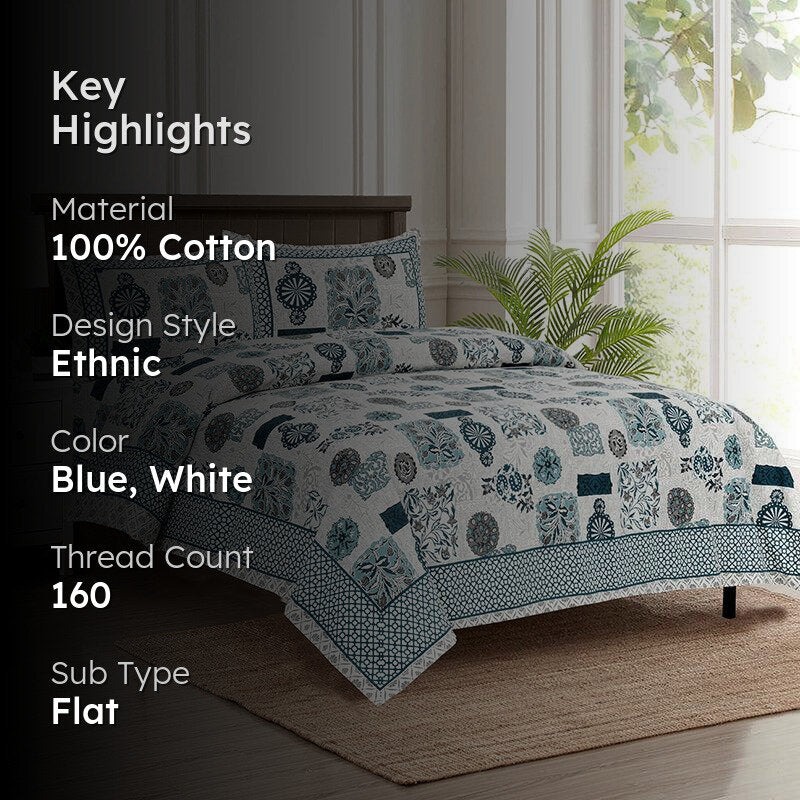 Zarina Floral Floral Cotton Bedsheet (Blue & White) - 160 TC media 2