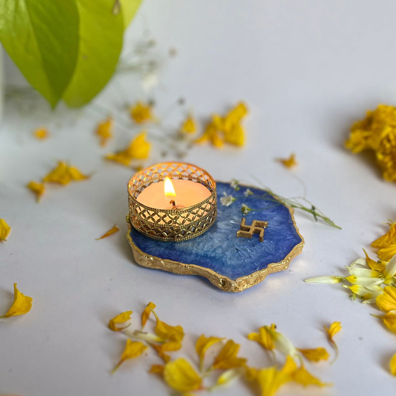 Swastik Handcrafted Agate Tealight Candle Holder - Blue media 3