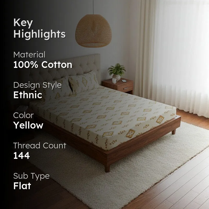 Lisha Ethnic Cotton Bedsheet (Yellow) - 144 TC media 2