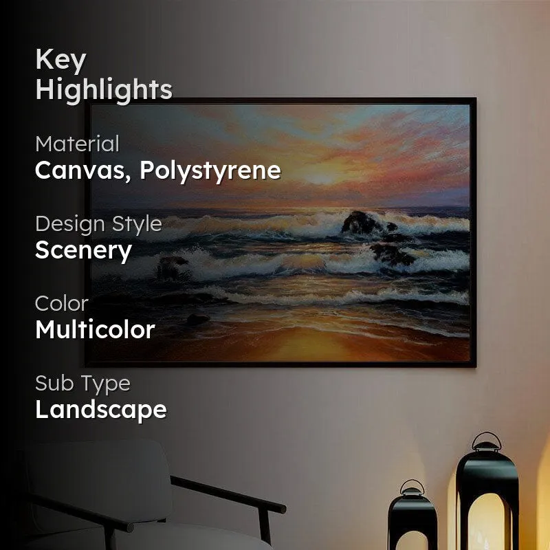 Golden Sunrise On Beach Wall Painting - Black Frame media 2