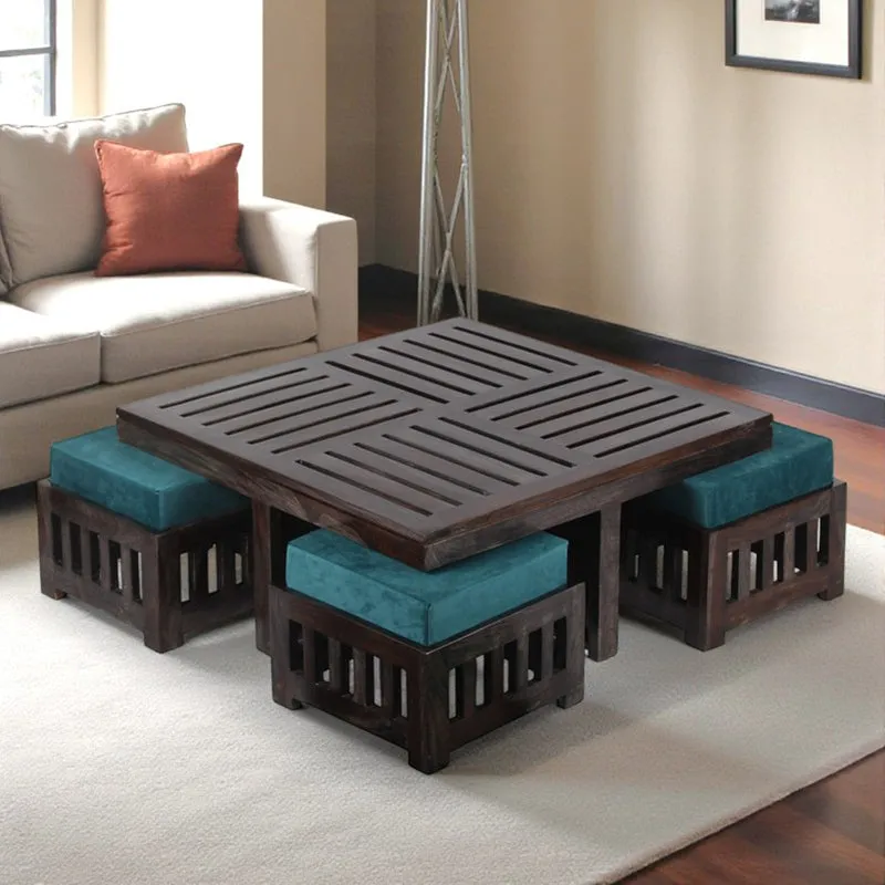 Hexiron Sheesham Wooden Center Table with Stools and Cushions (Brown,Blue) - Nine Piece Set media 3