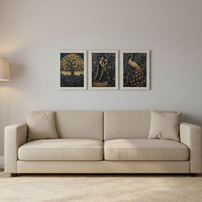 Peacock Reverie Heritage Wall Painting With Frame - Set Of Three