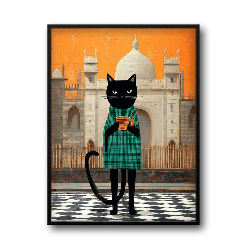 Serene Sips Cat Wall Painting With Frame media 3