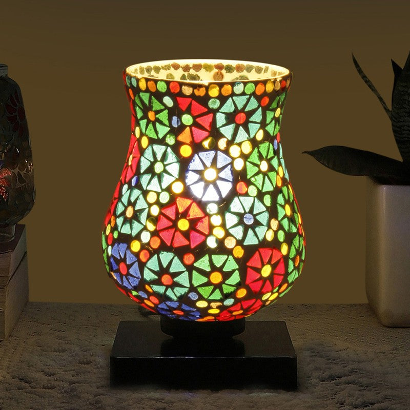Ilumo Mosaic Glass Table Lamp With Wooden Base - Multicolor
