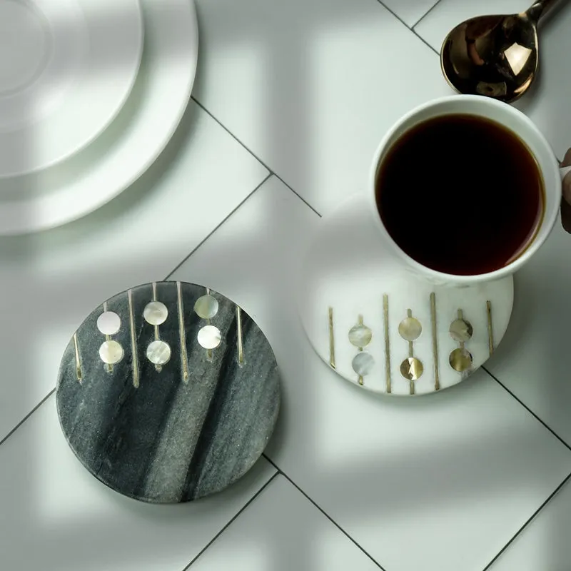 Pearl Charm Marble Coaster With Brass Inlay (Grey, White) - Set Of Two media 3