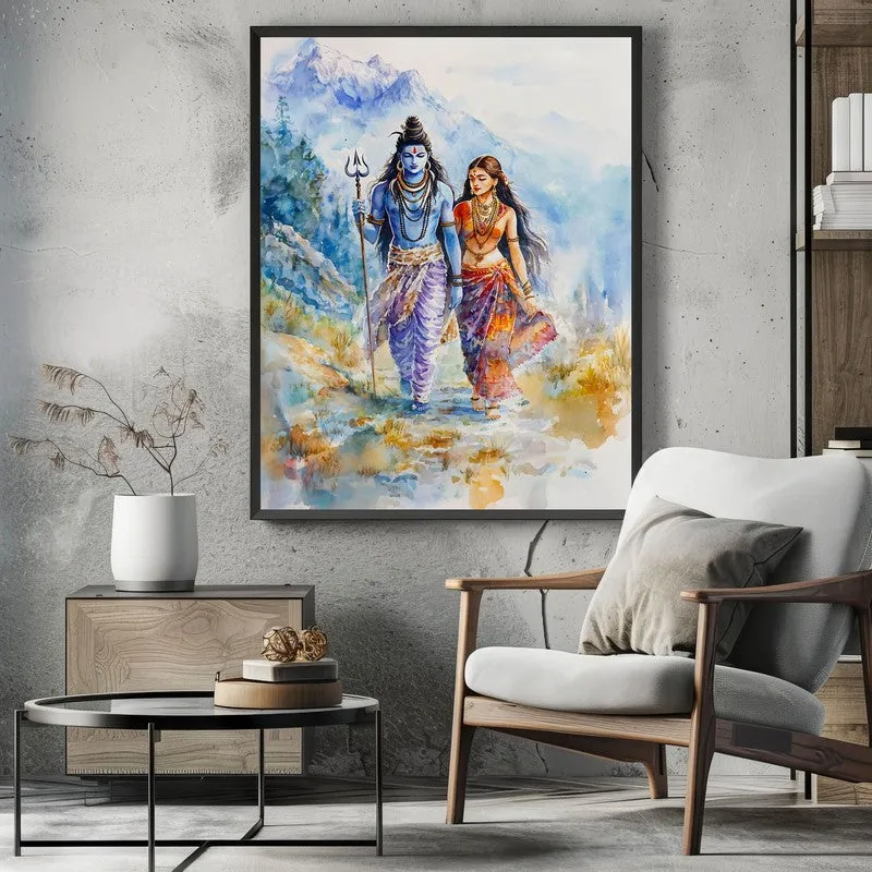 Gangadhara Parvati Spiritual Archival Paper Wall Painting With Frame - Black media 3