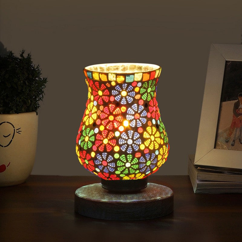 Flairion Mosaic Glass Table Lamp With Wooden Base - Multicolor