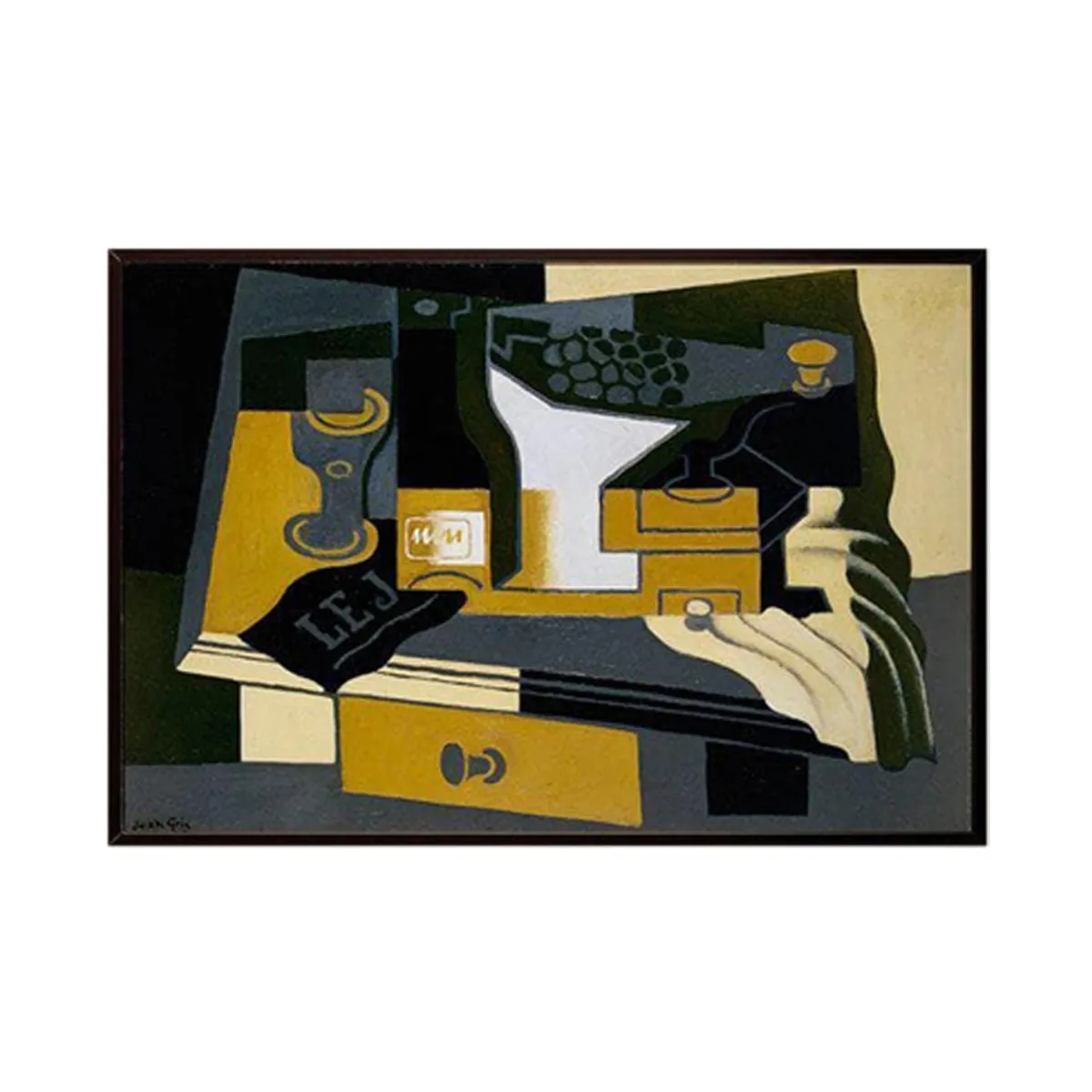 Front view of an abstract black-framed wall painting on a white background