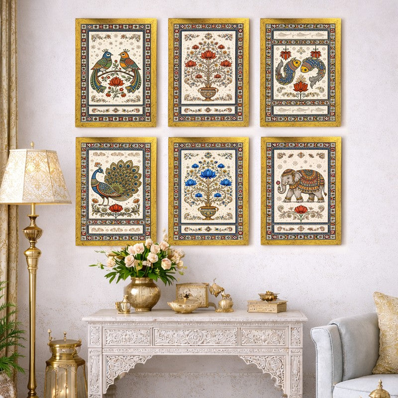 Majestic Animals Paper Wall Painting With Frame - Set Of Six