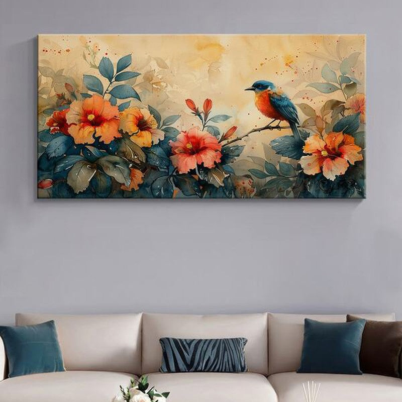 Chirping Bird And Floral Art Wall Painting