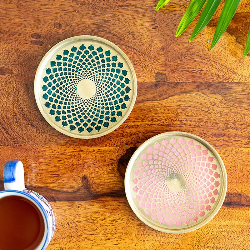 Mughal Mirage Brass Coaster (Green & Pink) - Set Of Two media 1