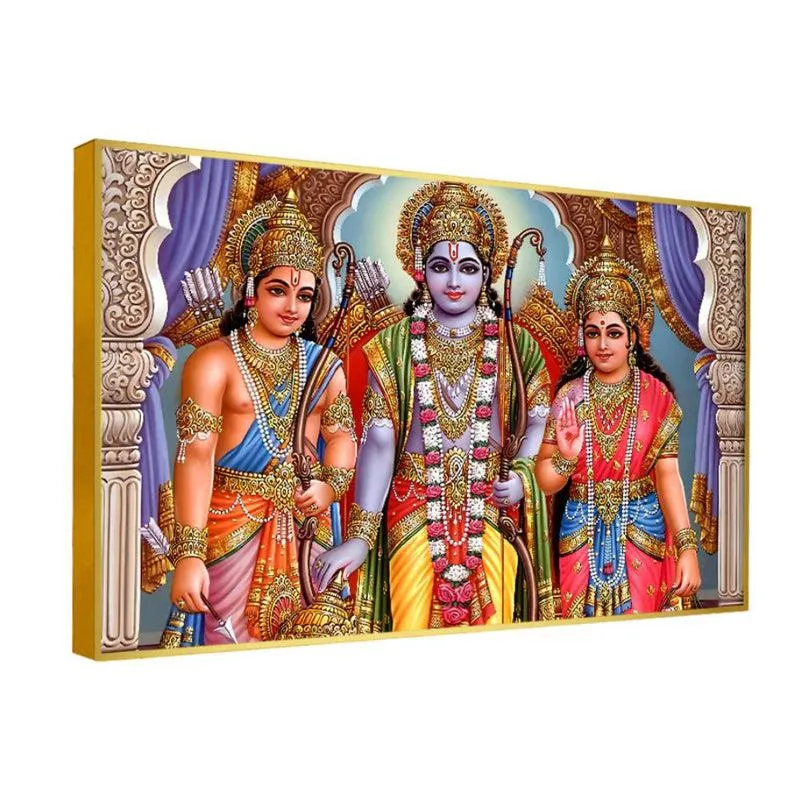 Sita Rama Lakshmana Spiritual Canvas Wall Painting With Frame - Gold media 4