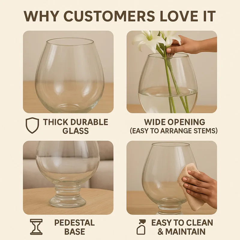 Feature graphic showing the vase shape, wide opening and pedestal base