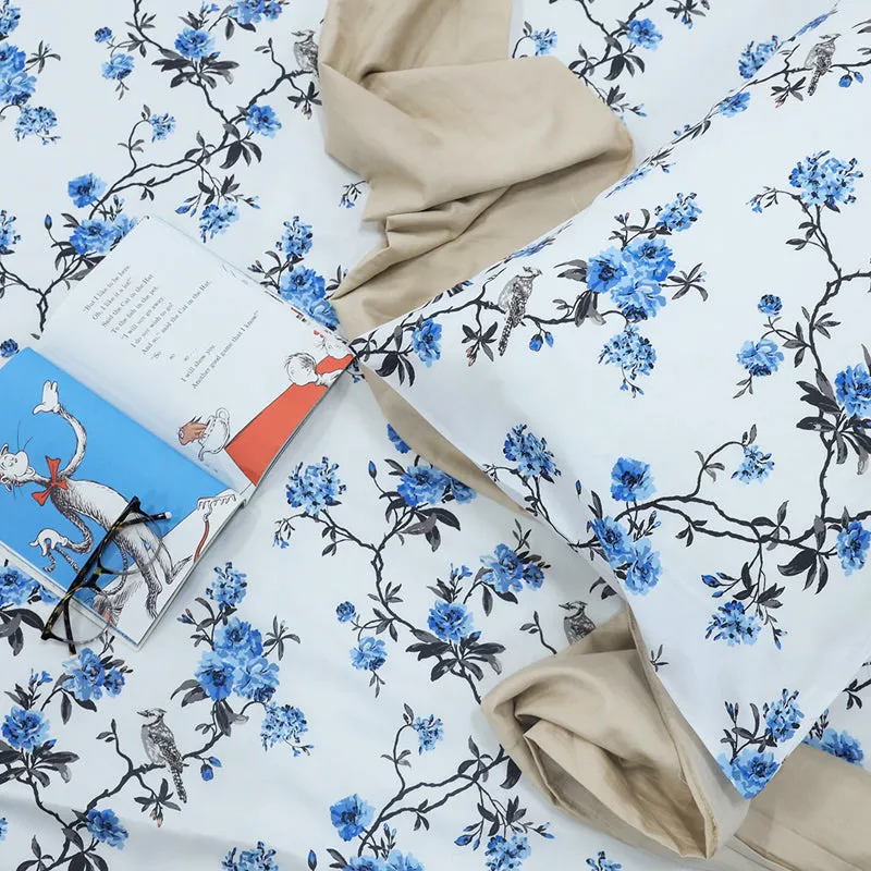 Cherry Blossom Printed Cotton Bedsheet (White, Blue) - 300 TC media 7