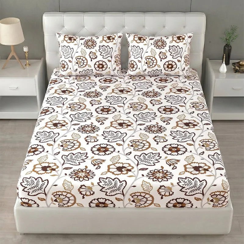 Front view of white and brown floral bedsheet with two matching pillow covers