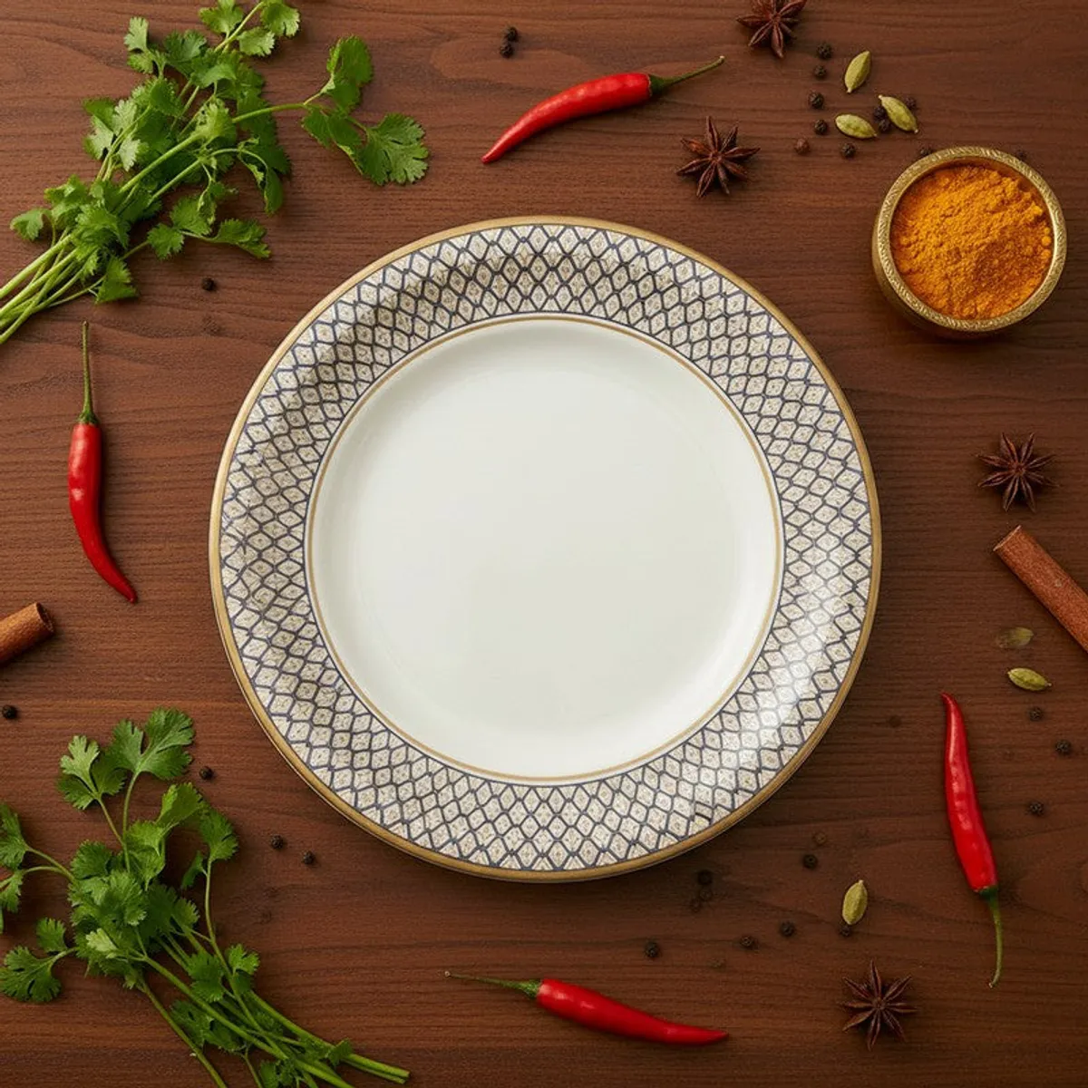 White dinner plate with blue geometric border styled with herbs and spices