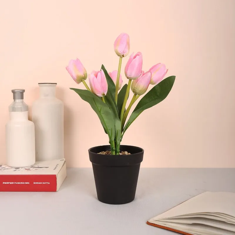 Artificial Tulip Flower Plant With Black Plastic Pot - Light Pink media 3