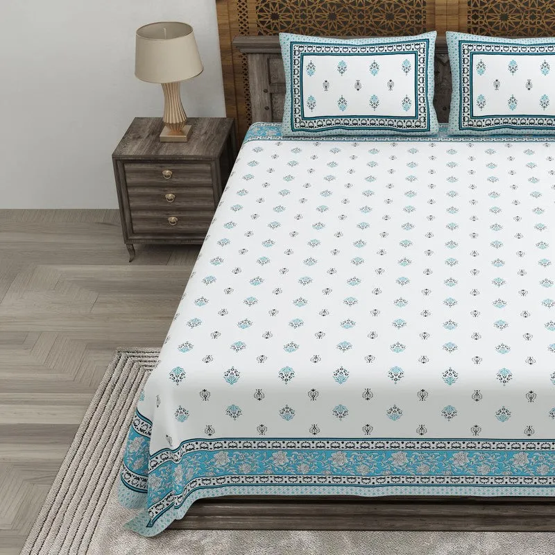 Gardenon Cotton Bedsheet (White,Teal) - 240 TC media 3