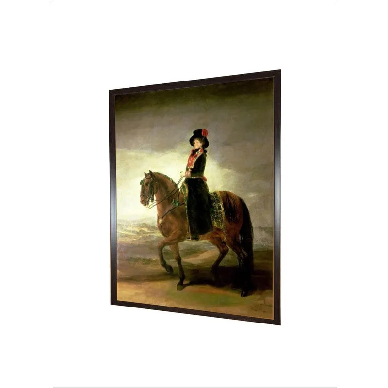 Angled view of the framed equestrian portrait wall painting on a white background