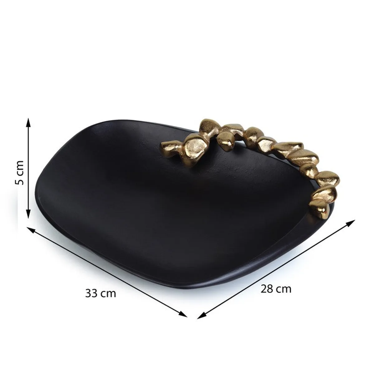 Close angled view of the black bowl highlighting its irregular gold rim.