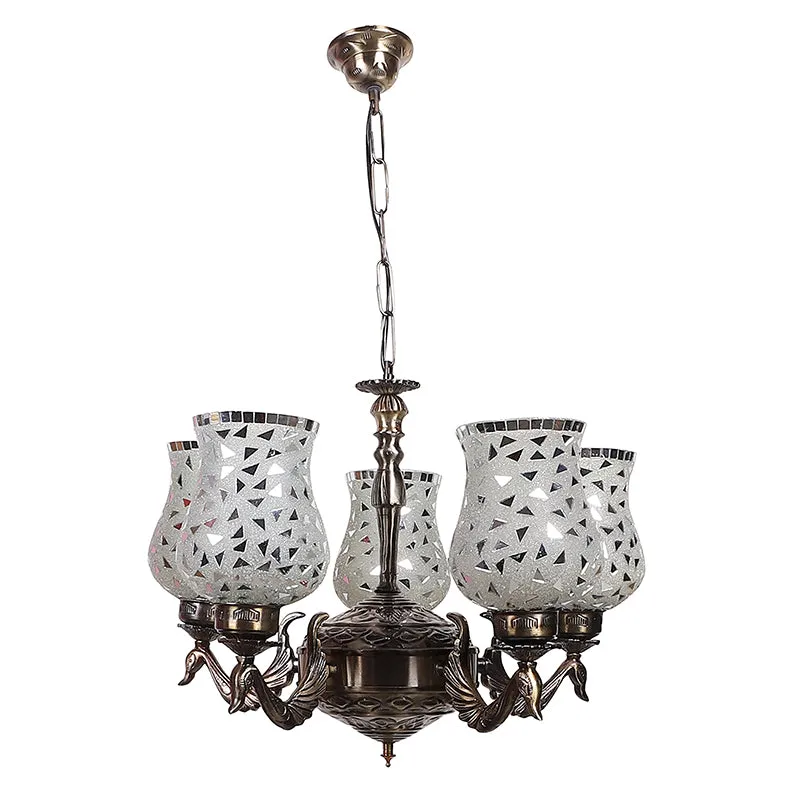 Front view of antique-style ceiling lamp with white patterned glass shades
