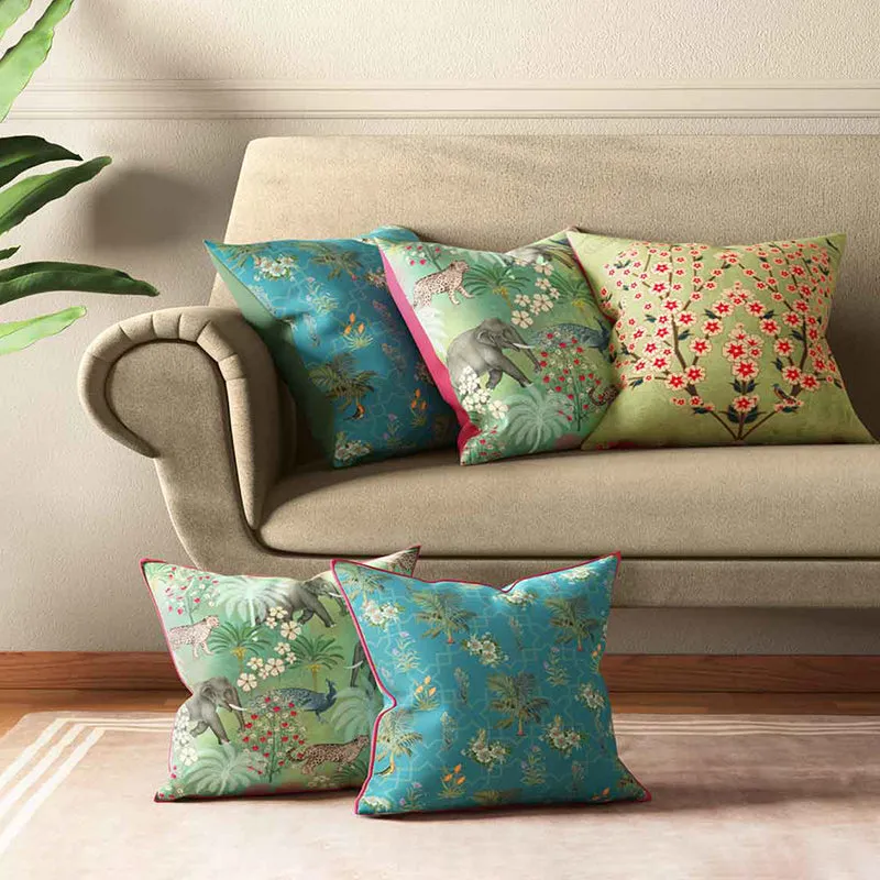 India Circus Rainforest Retreat Printed Satin Cushion Cover - Set Of Five media 1