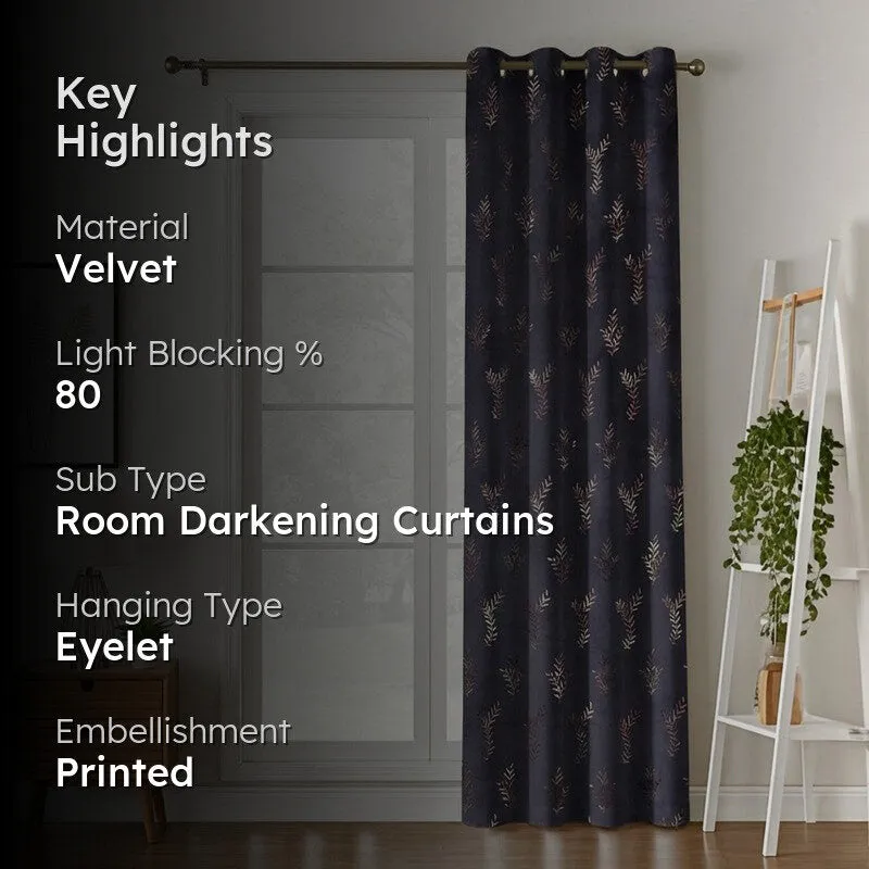 Shimmer Veil Printed Velvet Curtain - Navy Blue,Gold media 2