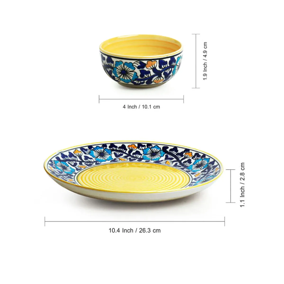 Blue floral ceramic bowl and plate shown with their measurements