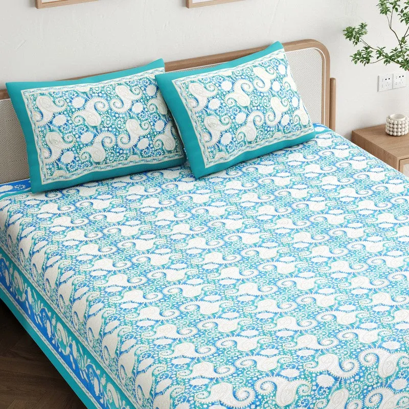 Mango Muse Cotton Bedsheet (White,Sky Blue) - 180 GSM media 4