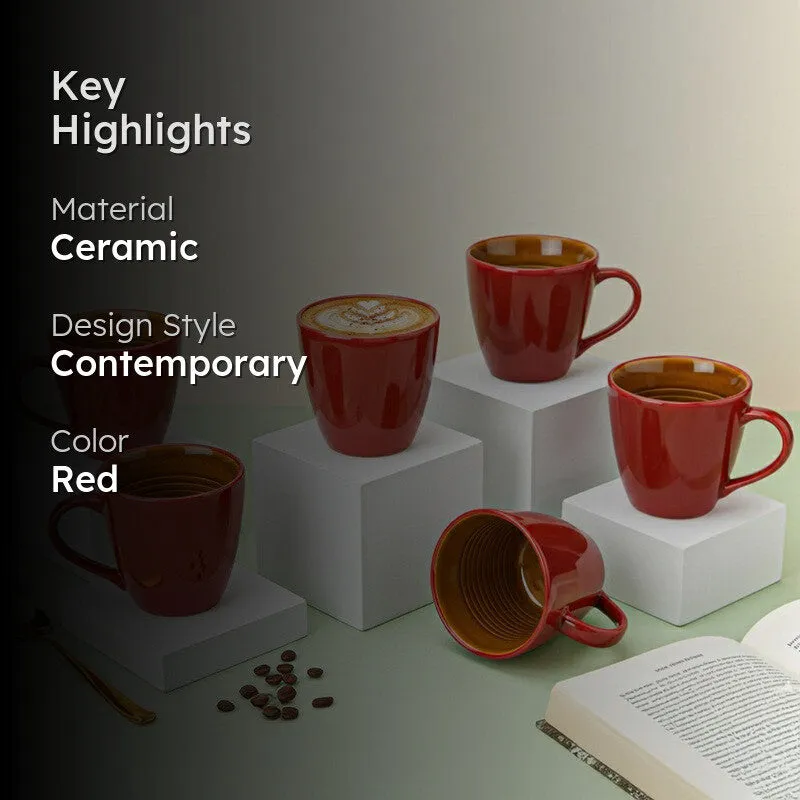 Karvaa Ceramic Coffee Mug (Red/350 mL Each) - Set Of Six media 2