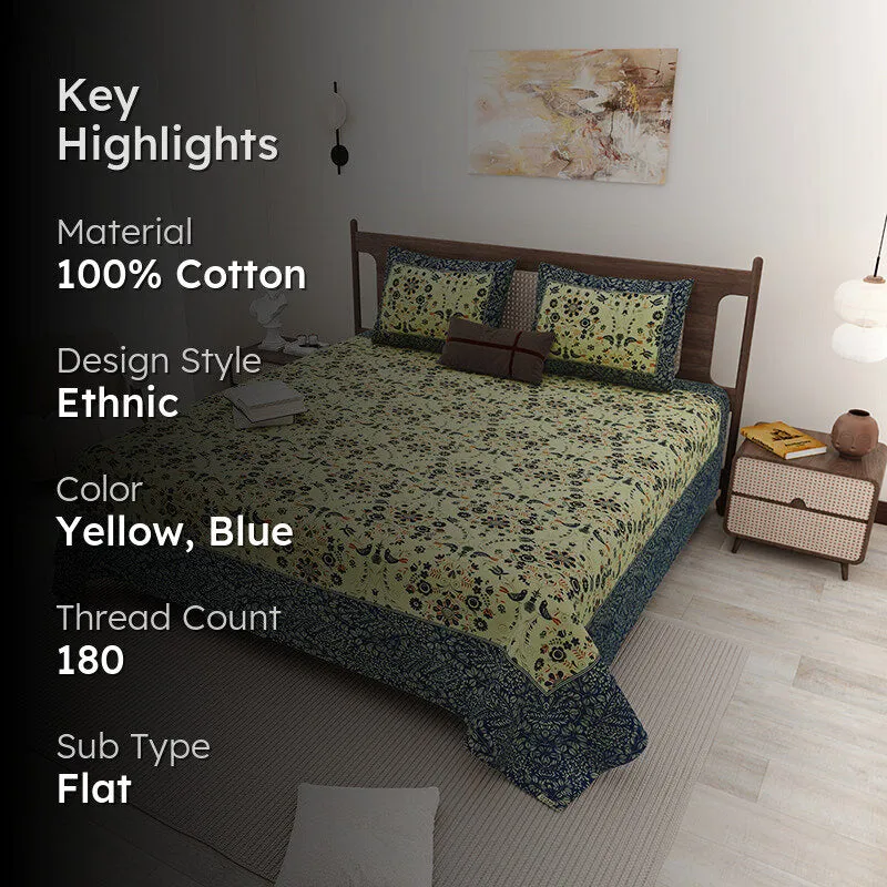 Aasiya Ethnic Cotton Bedsheet (Yellow,Blue) - 180 TC media 2