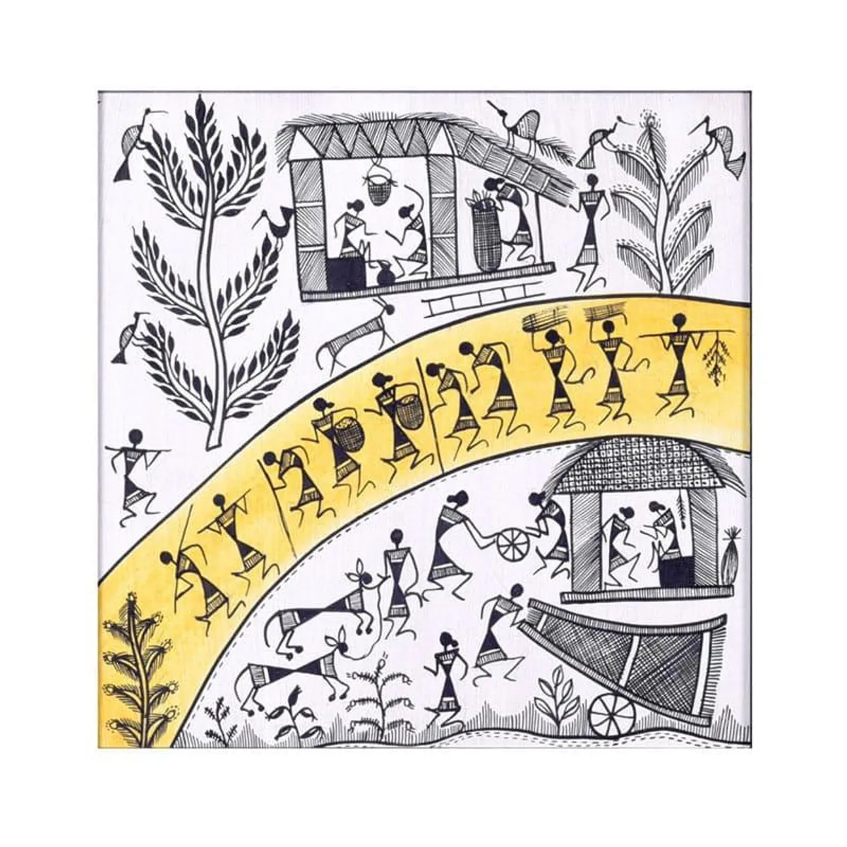 Close view of Warli-style artwork with yellow arc, figures, hut and trees