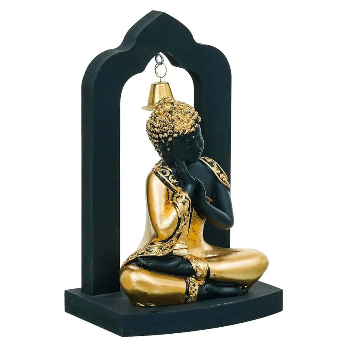 Angled view of black and gold Buddha idol inside arched wooden frame