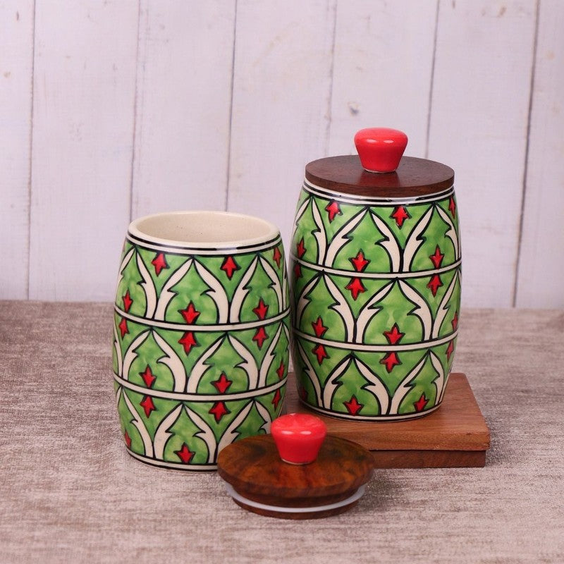 Handcrafted Ceramic Jar (Green, 550 mL Each) - Set Of Two