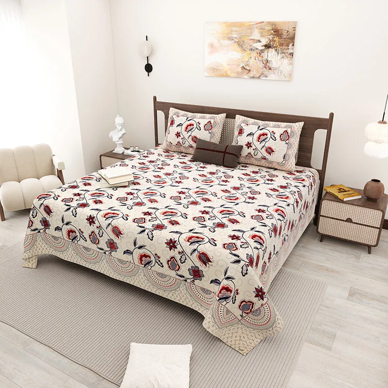 Aishaani Ethnic Cotton Bedsheet (Beige,Orange) - 180 TC media 1