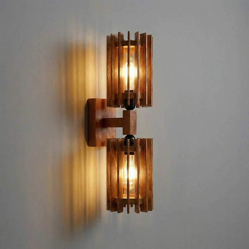 Twin LineGrid Wooden Wall Lamp - Brown media 6