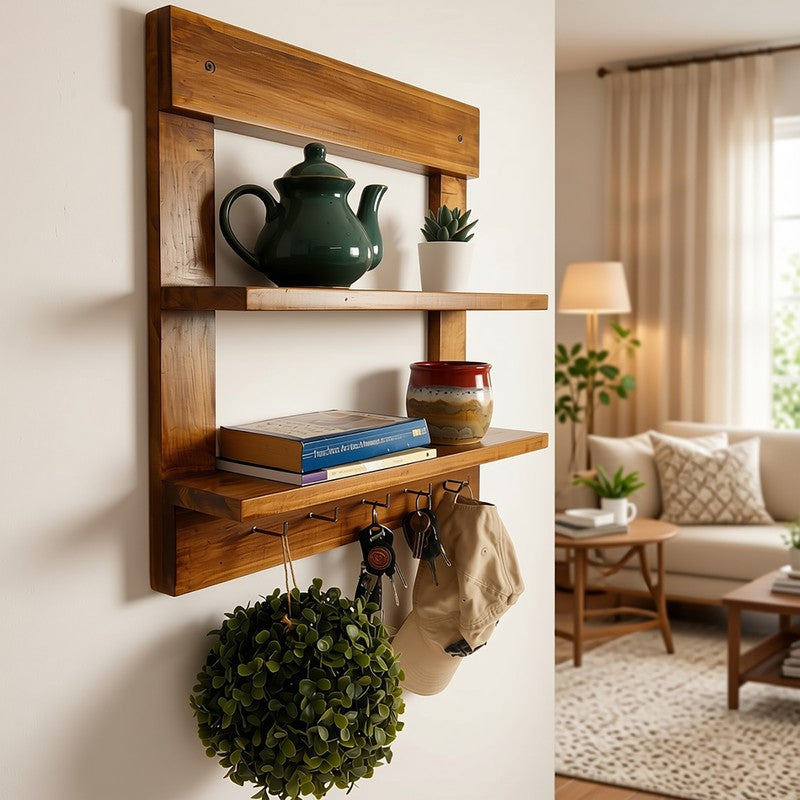 Evolv Wooden Wall Shelf Organiser with Key Holders