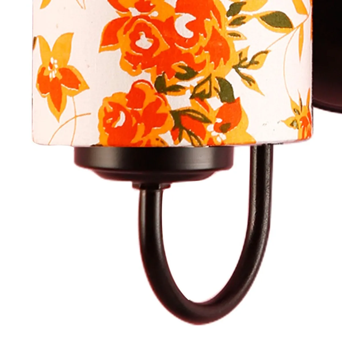 Close-up of floral cotton shade and curved dark metal arm