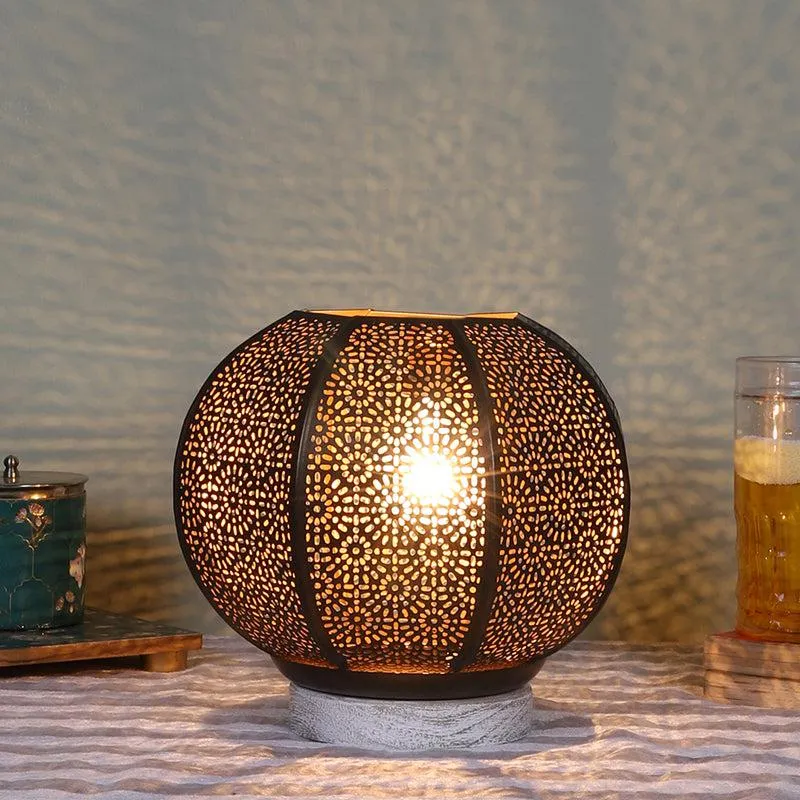 Nira Round Etched Metal Table Lamp With Wooden Base - Black media 1