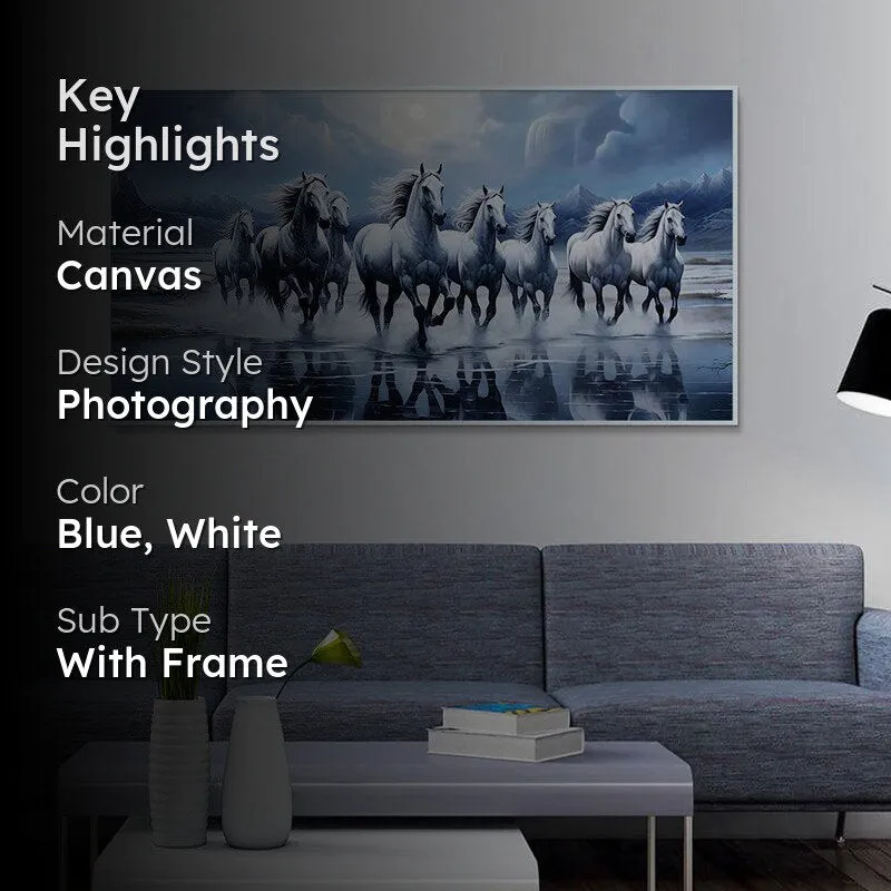 Stallions Under Blue Moon Canvas Wall Painting With Frame - White media 3