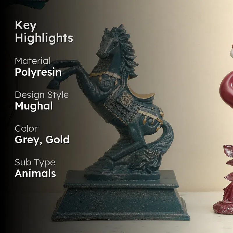 Grey horse showpiece on pedestal in a styled room with a dark overlay panel