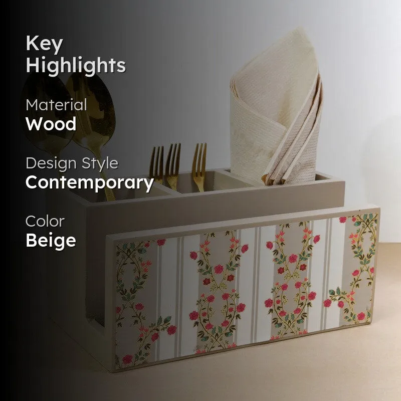 Beige Handcrafted Wooden Cutlery Stand - 2