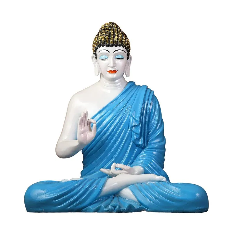 Front view of blue and white Buddha statue on white background