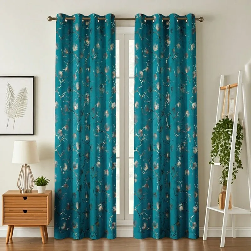Soft Edge Printed Velvet Curtains (Teal,Gold) - Set Of Two media 1