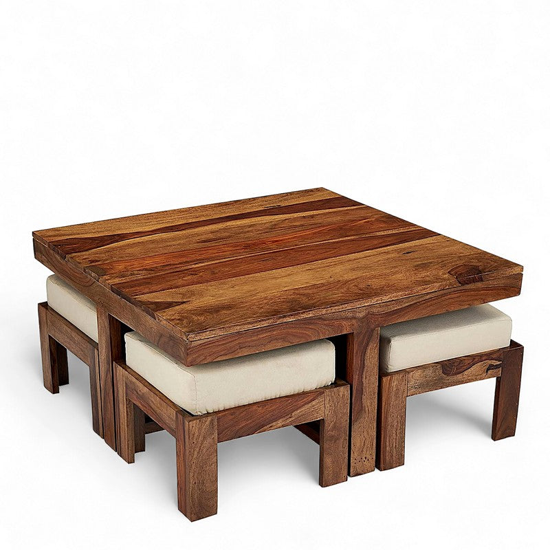 Evrino Sheesham Wooden Center Table with Stools and Cushions (Brown,White) - Nine Piece Set media 6