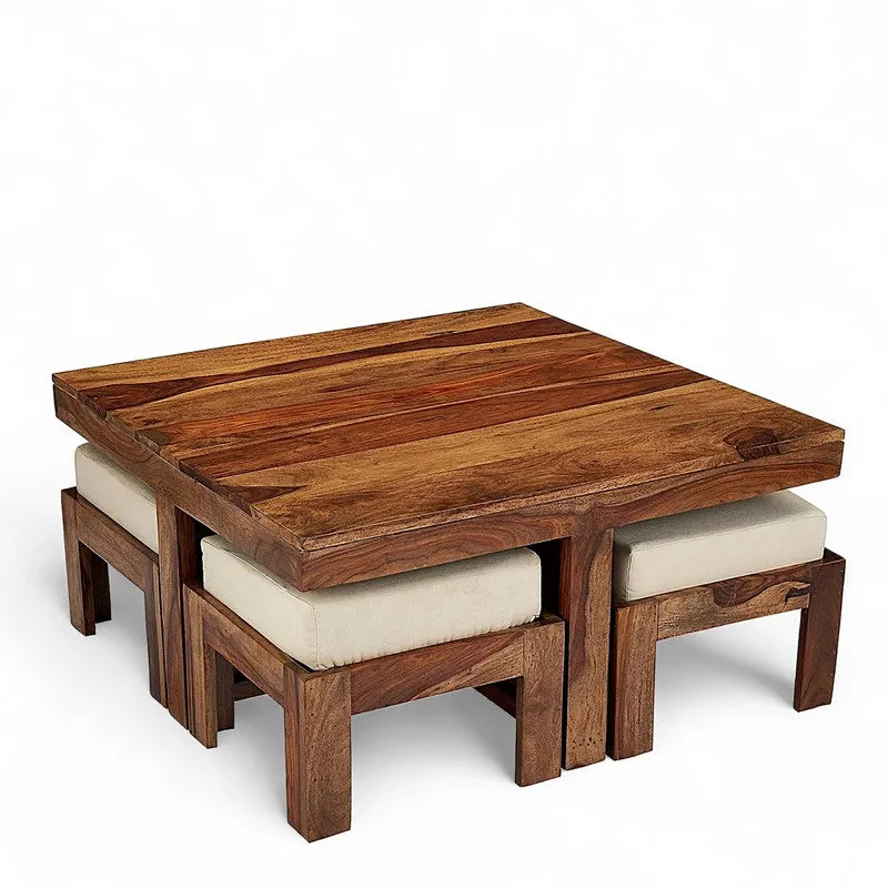 Evrino Sheesham Wooden Center Table with Stools and Cushions (Brown,White) - Nine Piece Set media 6