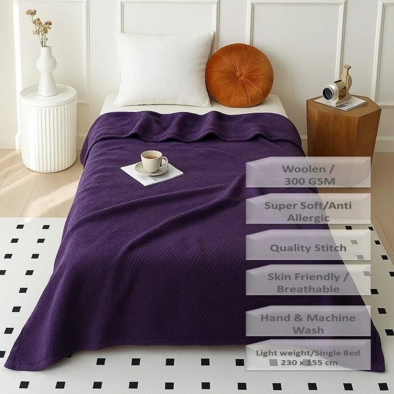 Plushyn Solid Woolen Blanket (Blue) - 300 GSM media 6